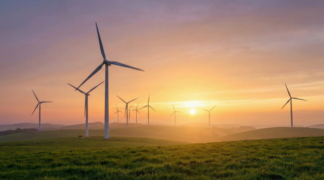 Wind turbines generate clean, renewable energy on rolling green hills during a vibrant sunset, symbolizing a sustainable future and environmental protection. - Powered by Adobe