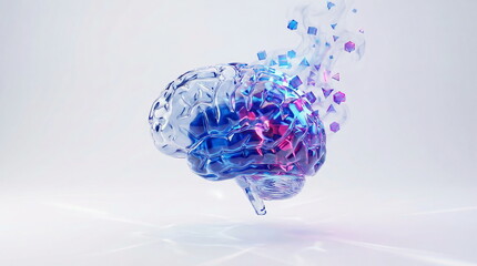 Abstract 3D render of a human brain fragmenting into digital data, symbolizing mental health, AI, cognitive processes, and neurological complexity on white.