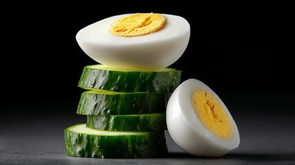 A stack of cucumbers and an egg on top of each other. The egg is cut in half and the cucumbers are sliced