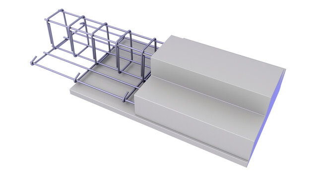 Sloped footing - Rebars - reinforcement bars, reinforced concrete. 3D rendering isolated on white background. Ideal for professionals, educational, engineering, and industrial design.