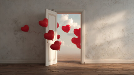 Red heart balloons floating through an open door into bright sky