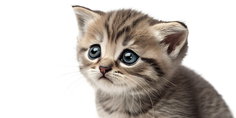 Sad kitten with expressive eyes. Emotional kitten isolated on transparent background.