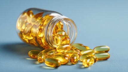 Capsules are scattered next to a glass jar on a blue background. Some capsules are inside the jar while others are spilled on the surface, showing their shiny appearance