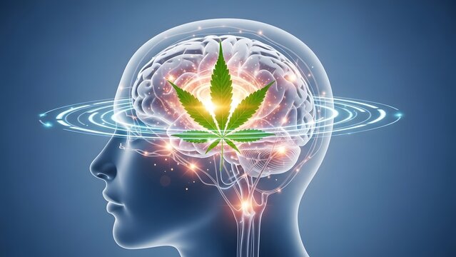 Human profile with holographic brain and cannabis leaf. Medical marijuana research and mental health. Transparent head silhouette showing neural activity and green weed leaf