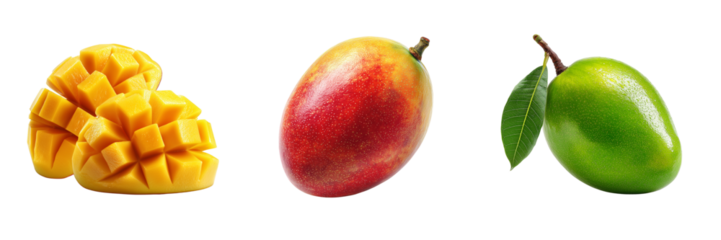 Three mangoes one whole ripe red and yellow and two green with leaves and diced mango isolated on a transparent background