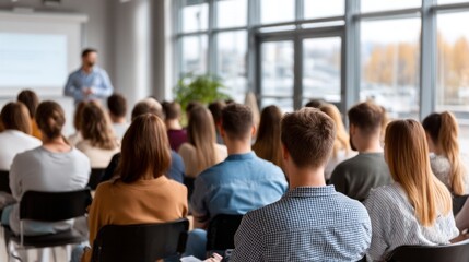 In a well-lit hall filled with eager attendees, a passionate male speaker shares valuable insights during a presentation, fostering a vibrant atmosphere of learning and interaction
