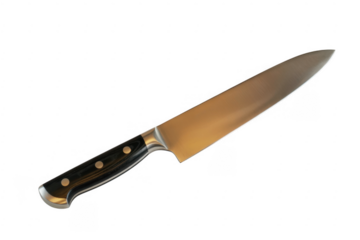 Chef's knife with black and gold handle kitchen knife isolated on a transparent background