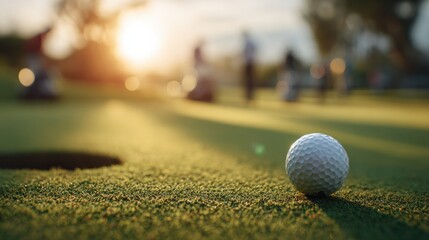 A golf ball is near the hole on a putting green. The sun is setting in the background. Other players are practicing their swings on the course in the distance