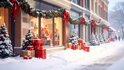 Festive Storefront Decorated for Christmas with Snow