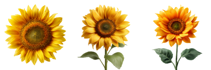 Three bright yellow and orange sunflowers with green leaves isolated on a transparent background