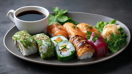 A plate of assorted sushi with a cup of coffee on the side. The sushi is arranged in a way that makes it look like a colorful and appetizing meal. The coffee cup adds a touch of warmth