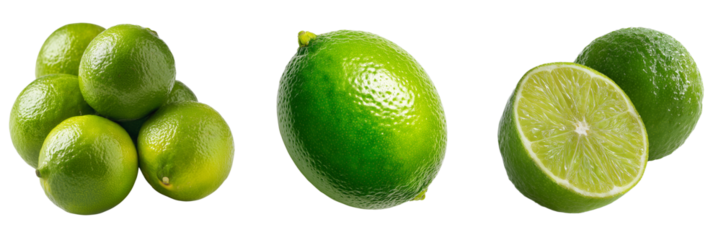 Group of whole limes and one lime cut in half showing juicy interior isolated on a transparent background