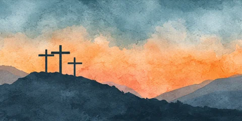 Poster Mistige ochtendstond Watercolor cross hill sunrise faith hope serene sky  © osagvsa