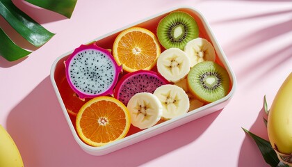 Vibrant Assortment of Tropical Fruit Slices Including Dragon Fruit Kiwi Orange and Banana Neatly Arranged in a White Container with Natural Sunlight Shadows