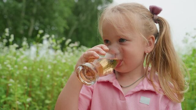 little girl sipping fizzy drink outdoors, bubbly foam tickles lips and nose delighted toddler tilts glass with giggle, surprised smile, meadow and wildflowers backdrop, candid picnic tasting moment,