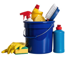 Cleaning supplies in a blue bucket on black cleaning bucket isolated on a transparent background
