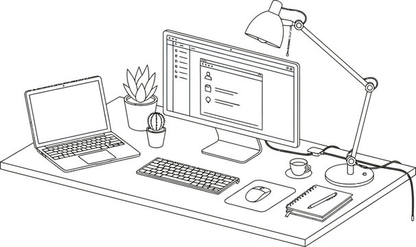 line drawing of a computer desk with laptop computer monitor keyboard mouse and office supplies