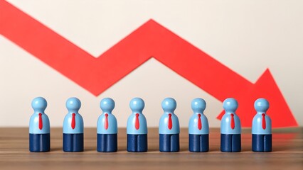 Employment Decline &ndash; Abstract Row of Business Figures with Red Downward Arrow Representing Job Loss and Financial Stress, employment, decline, abstract, business, figures, job, loss, financial, stress
