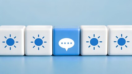 Conversation Break – Abstract Sequence of Sun Icons Interrupted by Speech Bubble Symbol on Blue Background, conversation, abstract, sun, speech, bubble, icon, contrast, pattern, blocks, background