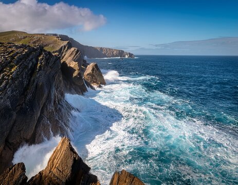 ocean waves crashing against rugged cliffs on a remote island