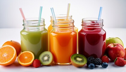 variety of fruit juices displayed on a white surface