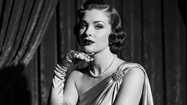 Elegant Black and White Portrait of a Glamorous Woman in Vintage Attire.