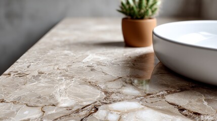A white bowl sits on a marble countertop next to a potted plant. The bowl is empty, and the plant is a small cactus. The scene is simple and minimalistic, with the focus on the bowl and the plant