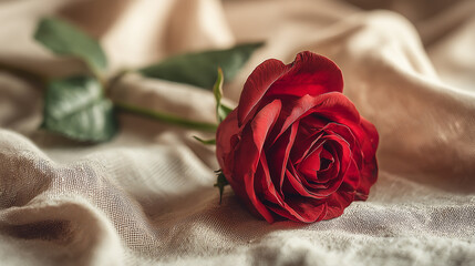 Single red rose on soft fabric background with natural light