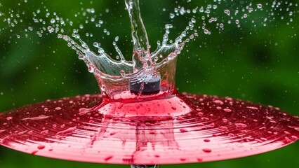 Water splashing into a red birdbath creating a crown-like effect in a lush green outdoor setting
