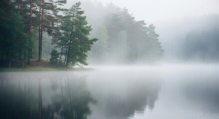 Fototapeta premium Misty Lake Serenity - A Tranquil Morning Landscape with Fog.
