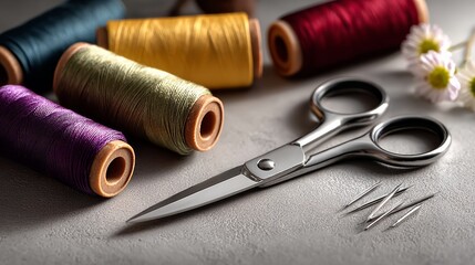 A pair of scissors sits on a table with a spool of thread and a few pins. The scissors are silver and have a sharp point. The table is covered in colorful threads
