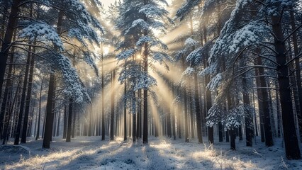 Paisaje de ensue&ntilde;o con bosque invernal y rayos de sol brillantes