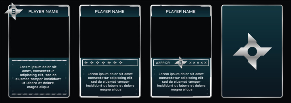 Modern Ninja Themed game trading card templates with an three color. Customizable vector design for TCG, RPG, and character cards. Features slots for player name and description.
