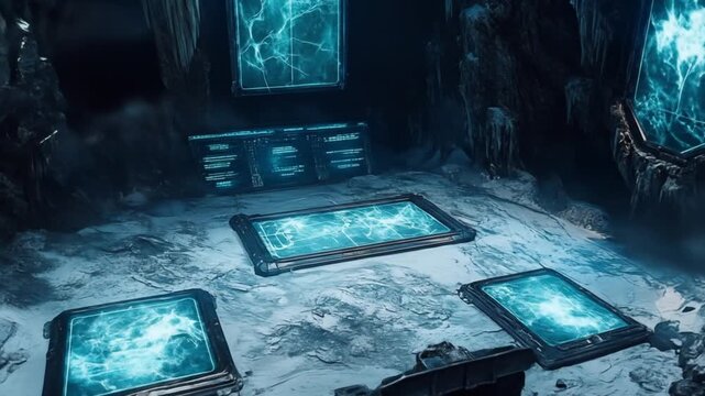 Futuristic interior with glowing panels and digital displays technological scene