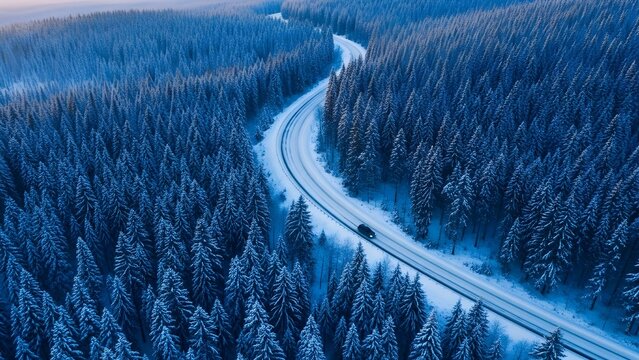 Un coche blanco conduce por una carretera vac&iacute;a en el bosque en el fr&iacute;o invierno finland&eacute;s.
 Turistas en viaje por carretera navegando por el id&iacute;lico campo y bosques cubiertos de nieve.