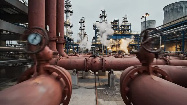 Vast Industrial Pipes Transporting Heated Liquids at Chemical Plant