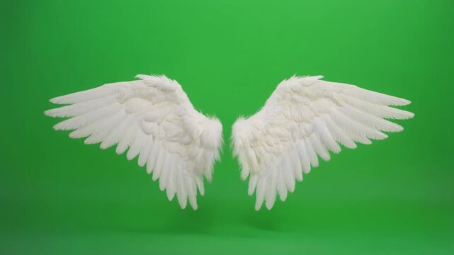 White angel wings gently moving against bright green screen background.