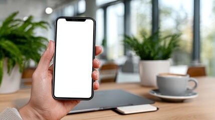 A person holding a cell phone with a white background. The phone is on a table with a cup of coffee and a laptop