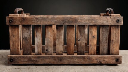 A wooden crate with a black background. The crate is empty and has a rustic appearance. The crate is made of wood and has a natural, earthy feel to it