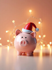 Piggy Bank Wearing Santa Hat on Clean Background Representing Holiday Savings, Christmas Budgeting, and Festive Financial Planning