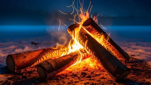 Un acogedor fuego crepita contra un fondo nevado.
 Las chispas bailan en el aire fr&iacute;o mientras los troncos arden brillantemente en una escena invernal, un contraste cautivador.