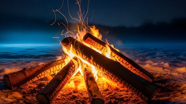 Un acogedor fuego crepita contra un fondo nevado.
 Las chispas bailan en el aire fr&iacute;o mientras los troncos arden brillantemente en una escena invernal, un contraste cautivador.