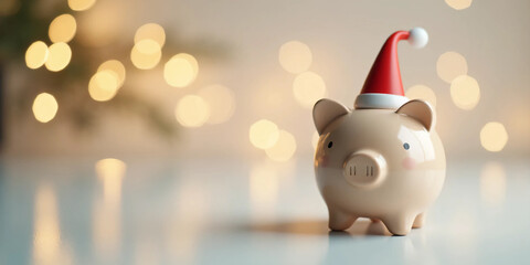 Piggy Bank Wearing Santa Hat on Clean Background Representing Holiday Savings, Christmas Budgeting, and Festive Financial Planning