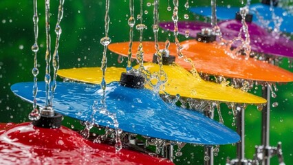 Rainy outdoor scene with colorful cymbals splashing in water droplets from above
