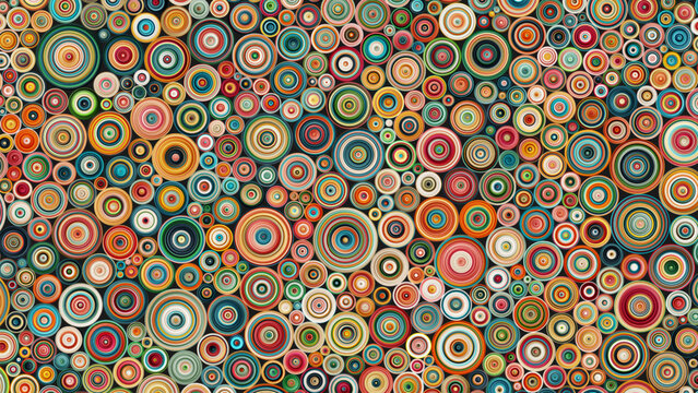 Colorful paper quilling art. Lively background with rolled paper made from twisted strips. Vibrant circles created using the quilling technique. Paper filigree hobby diy artwork. Vector illustration