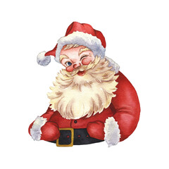 Cheerful santa claus with gift bag isolated on transparent background