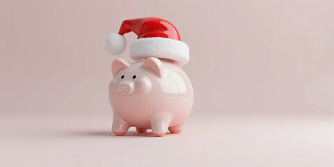 Piggy Bank Wearing Santa Hat on Clean Background Representing Holiday Savings, Christmas Budgeting, and Festive Financial Planning