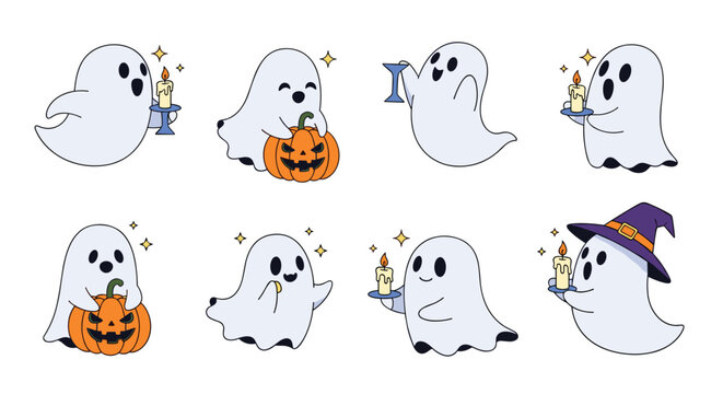 A charming collection of eight cute cartoon ghosts celebrating Halloween with pumpkins candles a witch hat and a martini glass for festive fun.
