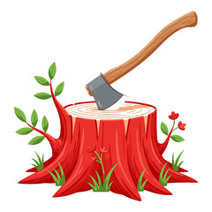 Axe and Tree Stump Cartoon Illustration &ndash; Wood Logging Symbol with New Growth Leaves Isolated on White Background