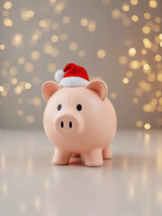 Piggy Bank Wearing Santa Hat on Clean Background Representing Holiday Savings, Christmas Budgeting, and Festive Financial Planning